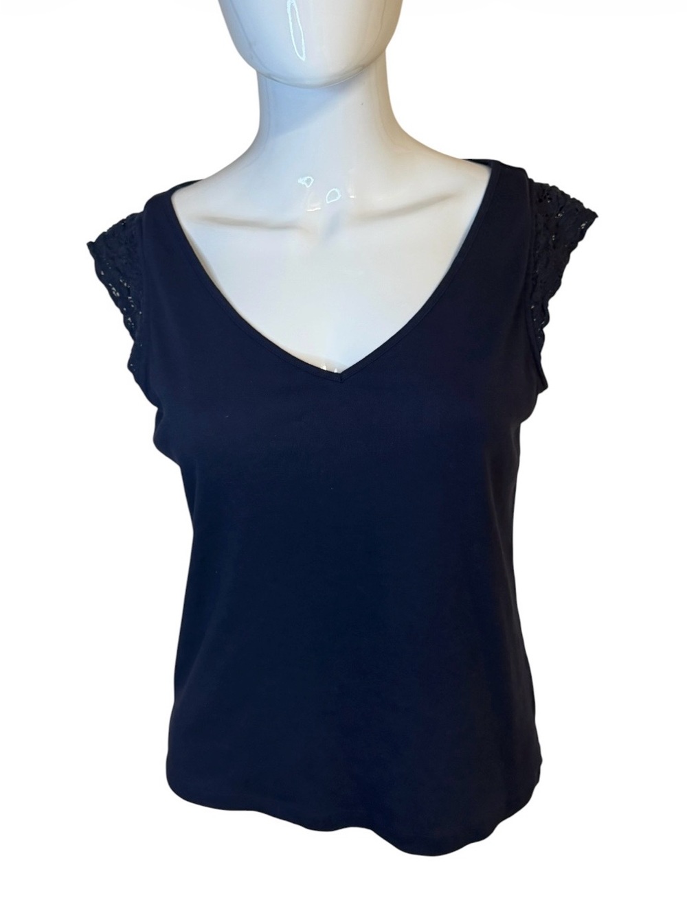Ralph Lauren Navy V-Neck Tank with Lace Cap Sleeves